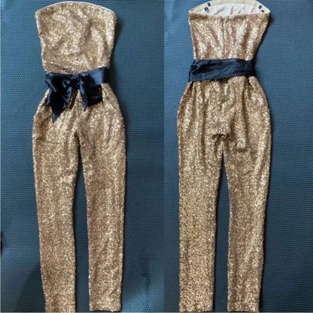 Gold Sequin Strapless Jumpsuit - Picture 8 of 15